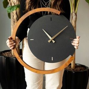 Ceas de perete, Moon Time Wooden Metal Wall Clock, Otel, Lemn, Nuc negru imagine