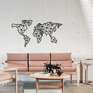 Decoratiune de perete, World Map, Metal, Dimensiune: 120 x 64 cm, Negru imagine