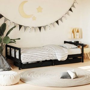 vidaXL Cadru de pat copii cu sertare, negru, 90x200 cm, lemn masiv pin imagine