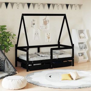 vidaXL Cadru de pat copii cu sertare, negru, 70x140 cm, lemn masiv pin imagine