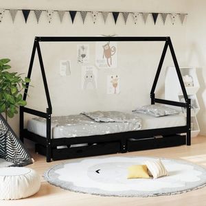 vidaXL Cadru de pat copii cu sertare, negru, 90x190 cm, lemn masiv pin imagine