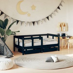 vidaXL Cadru de pat copii cu sertare, negru, 70x140 cm, lemn masiv pin imagine