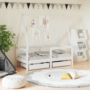 vidaXL Cadru de pat copii cu sertare, alb, 70x140 cm, lemn masiv pin imagine