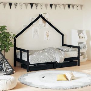 vidaXL Cadru de pat copii cu sertare, negru, 80x160 cm, lemn masiv pin imagine