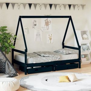 vidaXL Cadru de pat copii cu sertare, negru, 80x160 cm, lemn masiv pin imagine