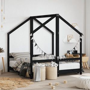 vidaXL Cadru de pat pentru copii, negru, 2x(70x140) cm, lemn masiv pin imagine