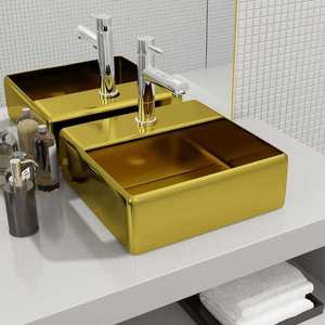 vidaXL Chiuvetă cu orificiu de robinet, auriu, 38x30x11, 5 cm, ceramică imagine