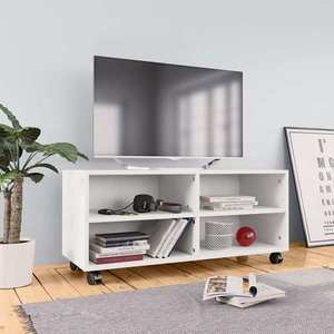 vidaXL Comodă TV cu rotile, alb, 90x35x35, PAL imagine