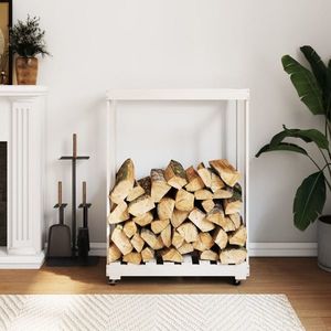 vidaXL Suport de bușteni cu roți, alb, 76, 5x40x108 cm, lemn masiv pin imagine