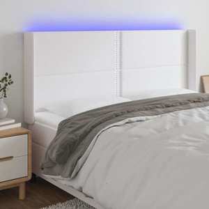 vidaXL Tăblie de pat cu LED, alb, 183x16x118/128 cm, piele ecologică imagine
