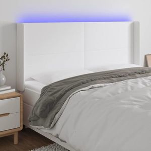 vidaXL Tăblie de pat cu LED, alb, 203x16x118/128 cm, piele ecologică imagine