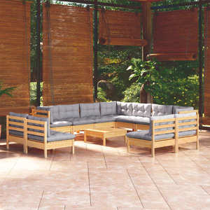 vidaXL Set mobilier de grădină cu perne, 12 piese, gri, lemn masiv pin imagine