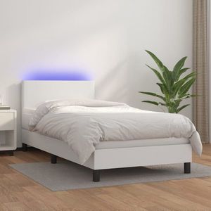 vidaXL Pat cu arcuri, saltea și LED, alb, 90x190 cm, piele ecologică imagine