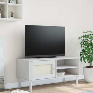 vidaXL Comodă TV SENJA aspect ratan alb, 106x40x49 cm, lemn masiv pin imagine