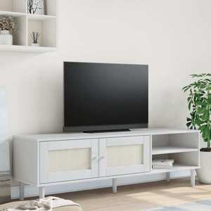 vidaXL Comodă TV SENJA aspect ratan alb, 158x40x49 cm, lemn masiv pin imagine