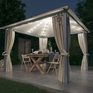 vidaXL Pavilion cu perdele & șiruri lumini LED, crem, 3x3 m, aluminiu imagine