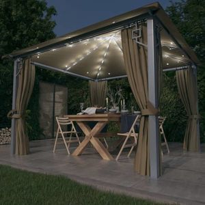 vidaXL Pavilion cu perdele&șiruri lumini LED gri taupe 3x3 m aluminiu imagine