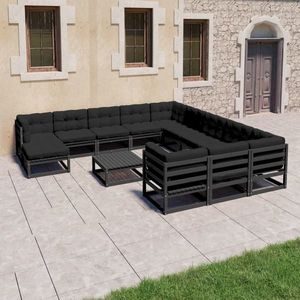 vidaXL Set mobilier grădină perne, 13 piese, negru, lemn masiv pin imagine