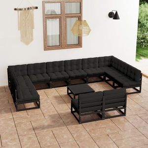 vidaXL Set mobilier grădină perne, 13 piese, negru, lemn masiv pin imagine