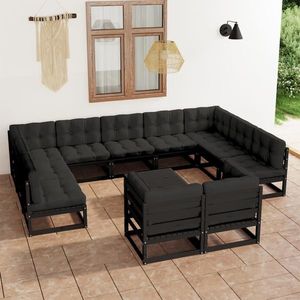 vidaXL Set mobilier grădină cu perne, 12 piese, negru, lemn masiv pin imagine