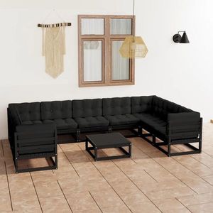 vidaXL Set mobilier grădină cu perne, 10 piese, negru, lemn masiv pin imagine
