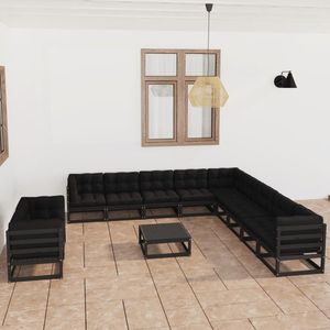 vidaXL Set mobilier de grădină cu perne12 piese, negru, lemn masiv pin imagine