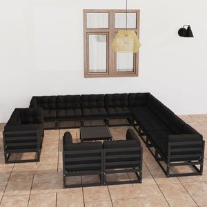 vidaXL Set mobilier de grădină cu perne14 piese, negru, lemn masiv pin imagine