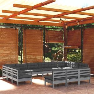 vidaXL Set mobilier grădină cu perne, 13 piese, gri, lemn masiv pin imagine