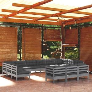 vidaXL Set mobilier de grădină cu perne, 13 piese, gri, lemn masiv pin imagine