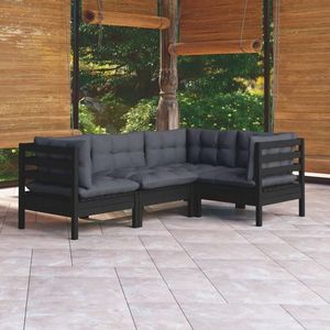 vidaXL Set mobilier grădină cu perne, 4 piese, negru, lemn de pin imagine