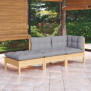 vidaXL Set mobilier de grădină cu perne, 3 piese, gri, lemn masiv pin imagine