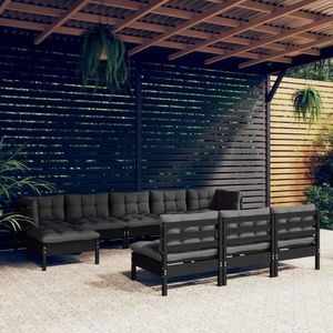 vidaXL Set mobilier grădină cu perne, 10 piese, negru, lemn de pin imagine