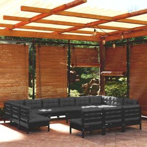 vidaXL Set mobilier grădină cu perne, 14 piese, negru, lemn masiv pin imagine