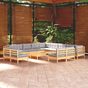 vidaXL Set mobilier grădină cu perne, 14 piese, gri, lemn masiv pin imagine