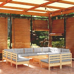 vidaXL Set mobilier de grădină cu perne, 12 piese, gri, lemn masiv pin imagine