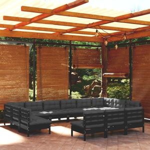 vidaXL Set mobilier grădină cu perne, 13 piese, negru, lemn masiv pin imagine