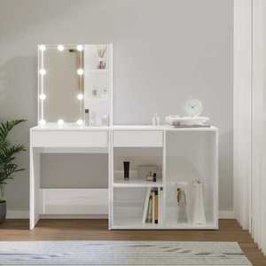 vidaXL Măsuță de toaletă cu LED și dulap, alb lucios, lemn prelucrat imagine