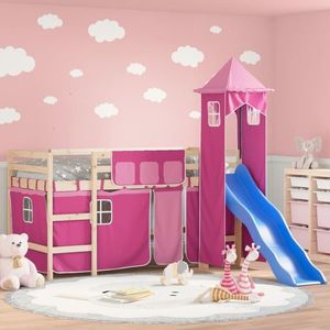 vidaXL Pat etajat de copii cu turn, roz, 80x200 cm, lemn masiv pin imagine