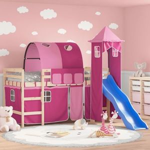vidaXL Pat etajat de copii cu turn, roz, 90x190 cm, lemn masiv pin imagine