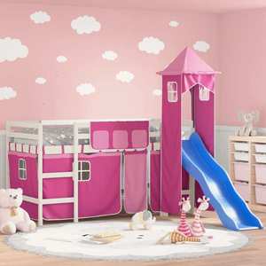 vidaXL Pat etajat de copii cu turn, roz, 90x200 cm, lemn masiv pin imagine