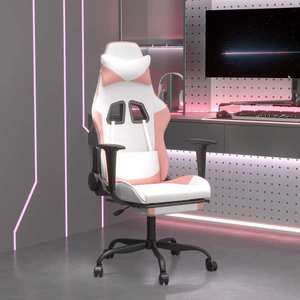 vidaXL Scaun de gaming cu suport picioare, alb/roz, piele ecologică imagine