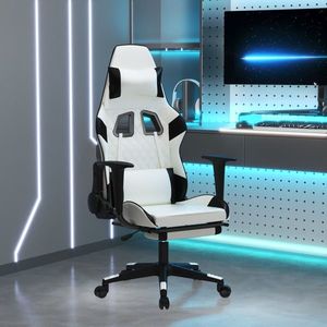 vidaXL Scaun de gaming cu suport picioare, alb/negru, piele ecologică imagine