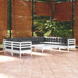 vidaXL Set mobilier grădină cu perne, 11 piese, alb, lemn masiv pin imagine