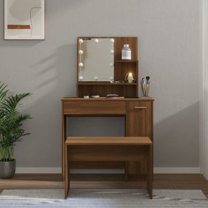 vidaXL Set de masă de toaletă cu LED, stejar maro, lemn prelucrat imagine