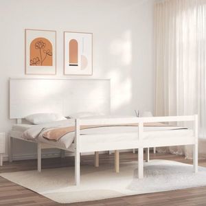 vidaXL Cadru de pat senior cu tăblie, alb, king size, lemn masiv imagine