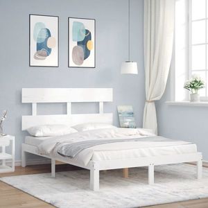 vidaXL Cadru de pat cu tăblie, dublu, alb, lemn masiv imagine