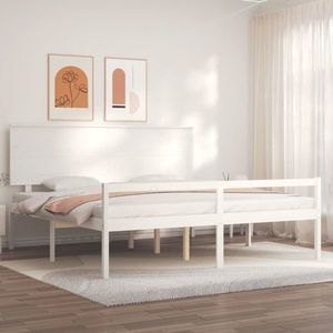 vidaXL Cadru de pat senior cu tăblie, alb, Super King Size, lemn masiv imagine