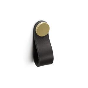 Maner, buton Flexa din piele neagra pentru mobilier, cu ornament finisaj alama, L: 70 mm - Viefe imagine