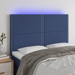 vidaXL Tăblie de pat cu LED, albastru, 144x5x118/128 cm, textil imagine