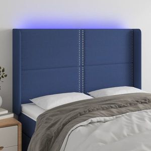vidaXL Tăblie de pat cu LED, albastru, 147x16x118/128 cm, textil imagine